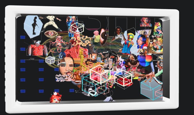 A 3D interactive art piece titled "The Integrated" (edition 9/10) displayed within a digital frame, featuring a chaotic collage of floating elements including figures, geometric cubes, anatomical images, and colorful abstract forms rendered against a dark background with blue data-style text on the left side.