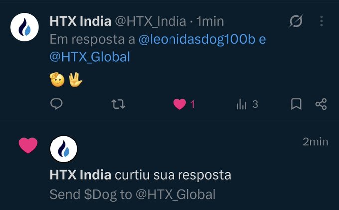 A Twitter/X screenshot showing HTX India (@HTX_India) replying to @leonidasdog100b and @HTX_Global with hand emojis, and a pinned tweet below instructing to "Send $Dog to @HTX_Global."