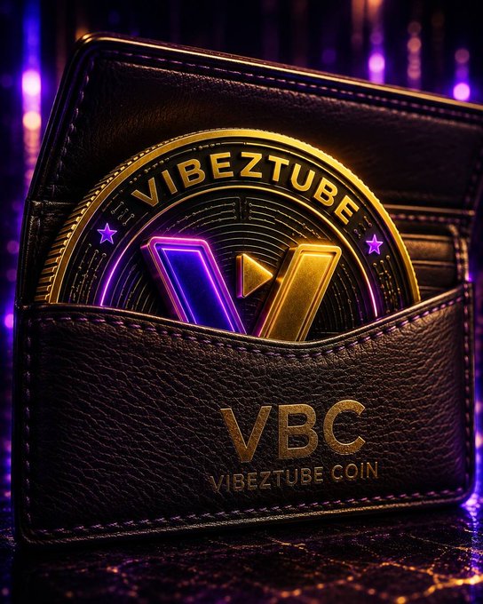 A digital rendering of a black leather wallet containing a glowing gold and purple coin embossed with 'VIBEZTUBE' and a 'V' play-button logo, with 'VBC VIBEZTUBE COIN' displayed on the wallet exterior.