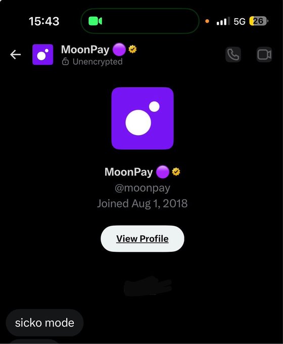 A mobile screenshot showing the MoonPay crypto app profile (@moonpay) with a purple verified badge, joined Aug 1, 2018, and a 'sicko mode' button at the bottom.