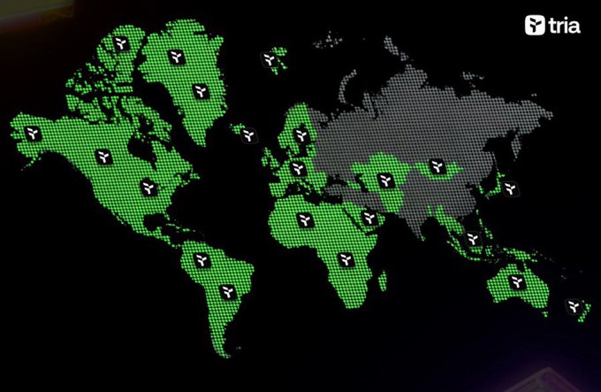 The image shows a map of the world rendered in green and white colors against a black background. The map displays various countries, including some that are not traditionally associated with cryptocurrency, such as Australia and New Zealand. This unique representation of the world may be used for educational purposes or to highlight the global reach of cryptocurrency networks.