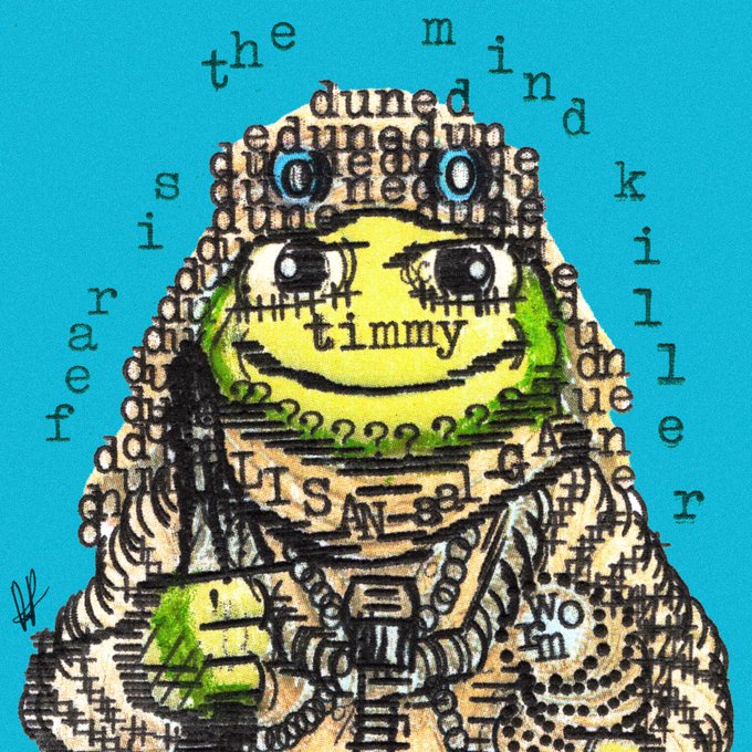 Stylized illustration of a figure in a hooded robe with text overlaid including 'the mind', 'dunedun', 'edu edu dun', 'timmy', and 'fear' on a bright blue background.