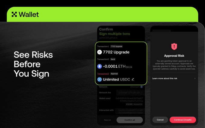 The image promotes OKX Wallet's risk detection feature with the headline "See Risks Before You Sign," showing a mobile interface that flags a "7702 Upgrade" transaction as "Unlimited USDC" with an "Approval Risk" warning before user confirmation, illustrating the post's message about performing risk checks prior to signing transactions.