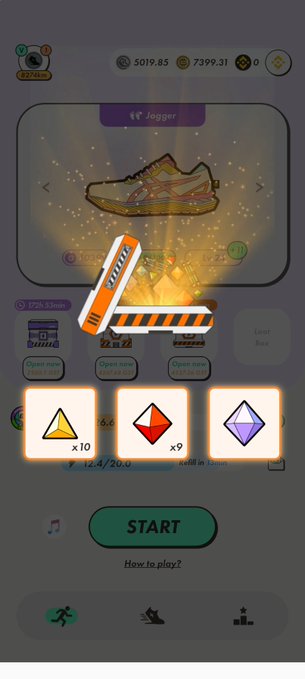 The image shows a mystery box that has been opened, revealing three different types of shoes inside. The first shoe is orange with a yellow triangle on top, the second one is white with an orange triangle on top, and the third one is brown with a red triangle on top. The post suggests that there might be a hidden code or a puzzle to solve in order to access the next step in the game.