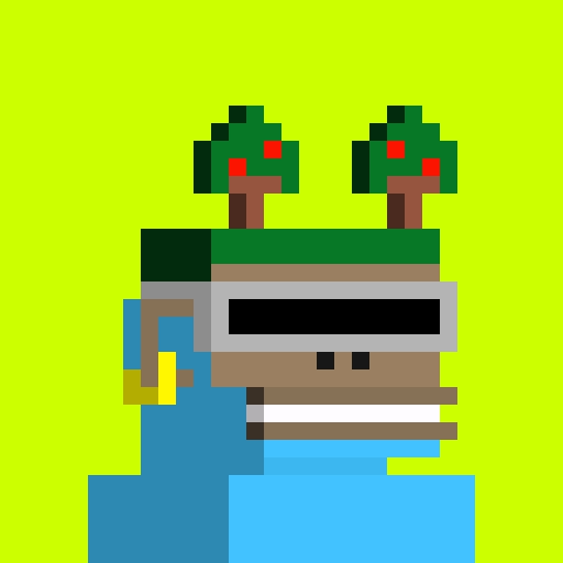 Pixel art illustration of a blue-skinned character wearing a VR-style headset with two pixelated trees growing out of the top, set against a bright green background.