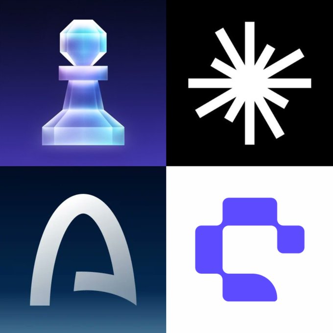 Four crypto/AI project logos displayed in a 2x2 grid, featuring Pixie Chess, an unidentified asterisk-shaped project, a curved "A" design (likely Axios Robotics), and a purple geometric symbol. The collage visually represents the four free projects the user is engaging with, as mentioned in the accompanying post.