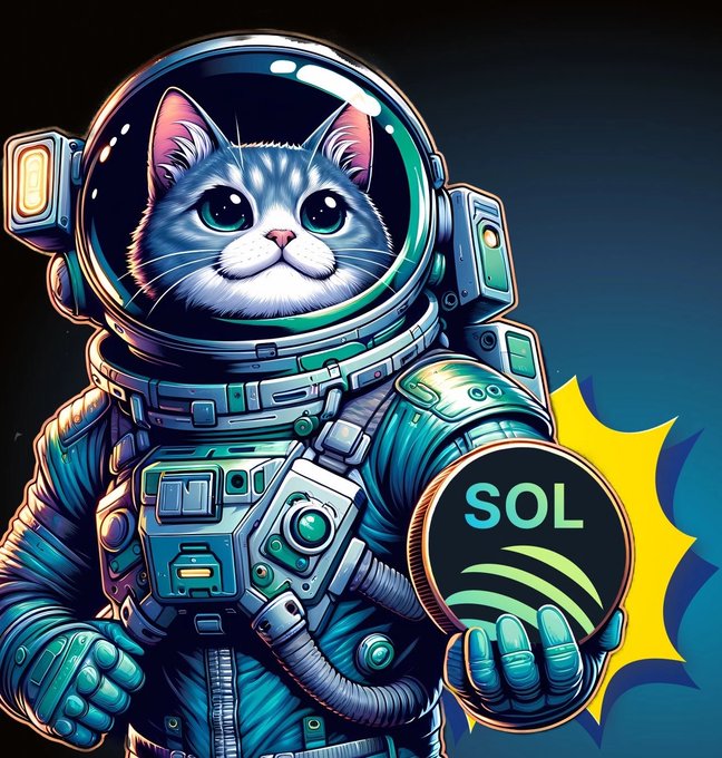 A stylized digital illustration of a white cat wearing a blue astronaut suit and helmet, holding a coin labeled "SOL" (Solana).