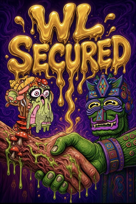 A vibrant psychedelic illustration shows a green-skinned tribal figure with a purple mask gripping a fleshy, mushroom-covered arm, beneath dripping gold letters reading "WL SECURED." The post celebrates securing whitelist spots for subscribers for a 2021 NFT project by artist @positivecreator, set to launch on Robinhood Crypto, with the bold "WL SECURED" text symbolizing their successful guarantee of access.