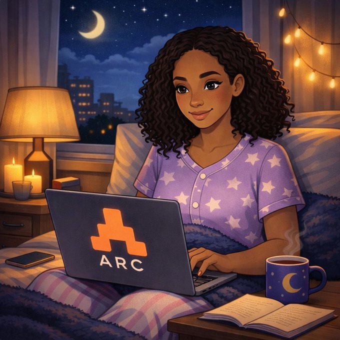 A young woman with curly hair sits in bed under cozy lighting at night, using a laptop displaying the "ARC" logo, with a moon-decorated mug and open book nearby. The image evokes the post's message about ARC's cryptographic proof-based privacy model, suggesting secure, private late-night computing.