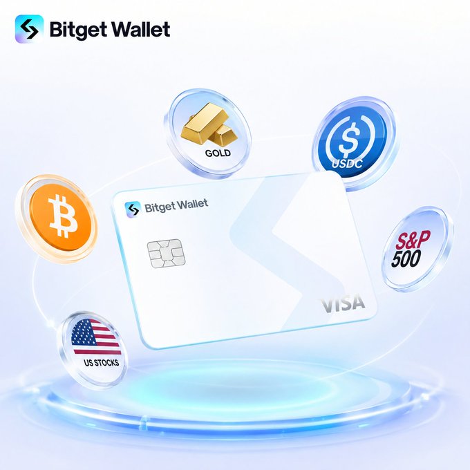 A Bitget Wallet Visa card floats in a futuristic display surrounded by floating coins representing Gold, USDC, Bitcoin, S&P 500, and US Stocks.