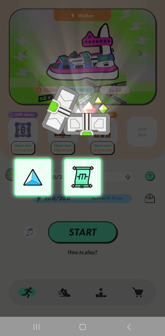 A mobile game screenshot labeled 'Walker' showing a sneaker NFT (Lv.24) with various upgrade slots, a hidden '5HT' scroll icon, and a green 'START' button.