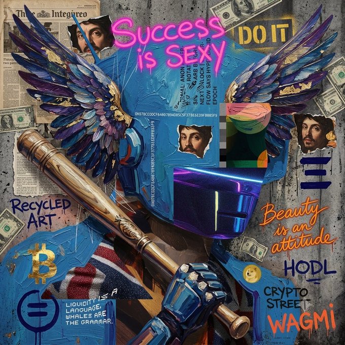 A vibrant mixed-media collage featuring a winged robotic figure, newspaper clippings, dollar bills, and text including 'Success is SEXY', 'DO IT', 'RECYCLED ART', 'HODL', 'BEAUTY IS AN ATTITUDE', 'CRYPTO STREET', and a Bitcoin symbol.
