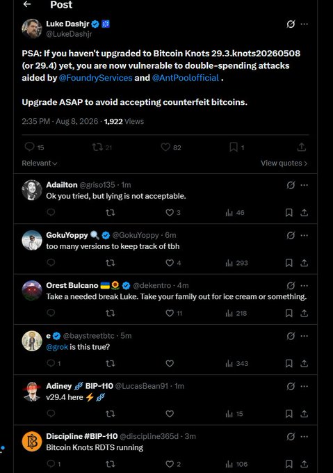 A screenshot of a Twitter post by Luke Dashjr warning about Bitcoin Knots upgrades to avoid double-spending attacks, with replies questioning the claim.