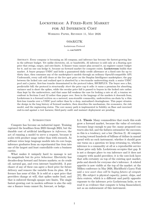 The image shows an academic paper titled "LOOKSTREAM A Fixed-Rate Market for At-Interference Cost" written by a person named William P. Parker, which discusses the concept of a fixed-rate market that can generate real yield above the cost of capital. The paper is presented in black and white, with a title page at the top and an abstract below it. The text on the page explains how this system could be used to create a sustainable source of real yield for depositors by generating income from interference costs.