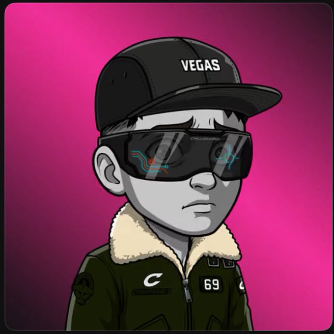 Digital illustration of a character wearing a black cap with 'VEGAS' text, futuristic goggles displaying a glitch effect, and a fur-trimmed jacket with a '69' patch, set against a vibrant pink background.