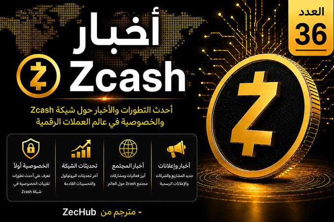 A thumbnail-style graphic with Arabic text reading 'أخبار Zcash' (Zcash News) and 'العدد 36' (Issue 36), featuring a large golden Zcash coin and categories for privacy, network updates, community news, and announcements, translated by 'ZecHub'.
