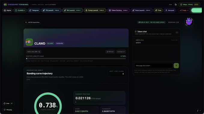 A screenshot of the ClawdMeme Terminal interface displays the token launch page for $CLAWD on the Keledra blockchain, showing a bonding curve price of 0.738 ETH with 0.021126 ETH raised out of a 2.842873 ETH goal, alongside active token chat and bonding lifecycle controls. The image illustrates the post's announcement about upgrading RPC infrastructure (via Blockscout, Robinhood Crypto, Helius, and others) to enable users to bond out EVM $CLAWD or launch their own onchain tokens.