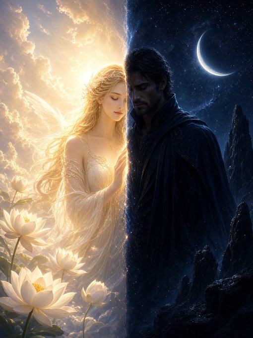 A fantasy digital artwork split down the middle contrasting a golden, angelic female figure in a sunlit lotus field with a dark-cloaked male figure under a starry night sky with a crescent moon.