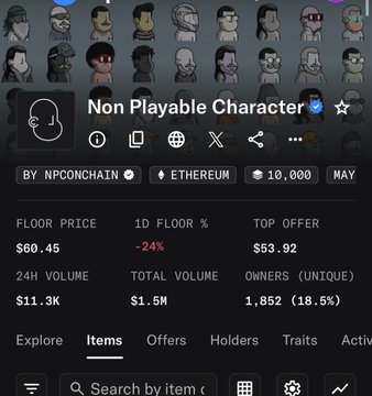 An NFT collection page on OpenSea for 'Non Playable Character' by NPCONCHAIN on Ethereum, showing a floor price of $60.45, 24H volume of $11.3K, and total volume of $1.5M.