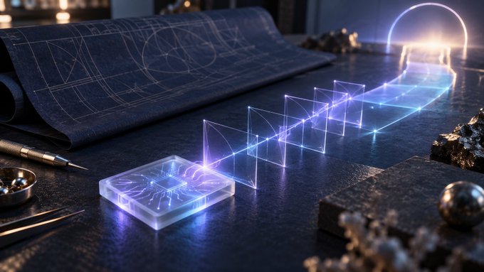 A 3D render depicts glowing, neon-blue geometric planes and lines extending from a central chip across a blueprint on a desk.