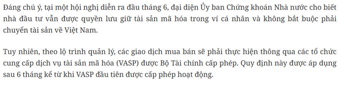 Vietnamese text discusses a State Securities Commission statement that investors are allowed to keep their crypto assets in personal wallets without transferring them to Vietnam, with VASPs required for trading.
