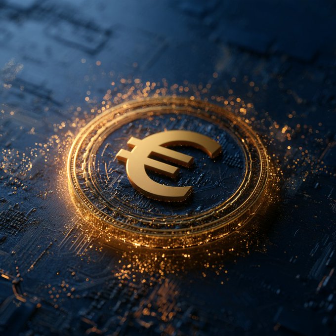 A 3D rendering of a golden Euro (€) currency symbol surrounded by glowing particles, set on a dark blue textured circuit-like surface.