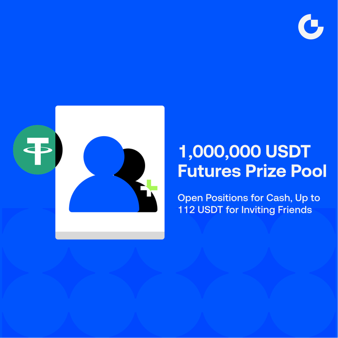 The image features a blue background with white text that reads "1,000,000 USDT Futures Prize Pool" at the top of the screen. Below this, there are two circles containing a person's face and a green circle with a dollar sign inside. The text below these circles states "Open Positions for Cash Up to 1.12 USDT for Inviting Friends".