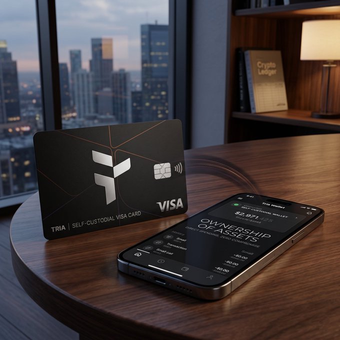 The image features a smartphone placed next to a credit card, both resting on a wooden table. The phone displays an app that allows users to spend directly from their self-custodial wallet using the @useTria card. This card is specifically designed for individuals who want to maintain total ownership of their assets while enjoying the convenience of global Visa payments without compromising their privacy or security.