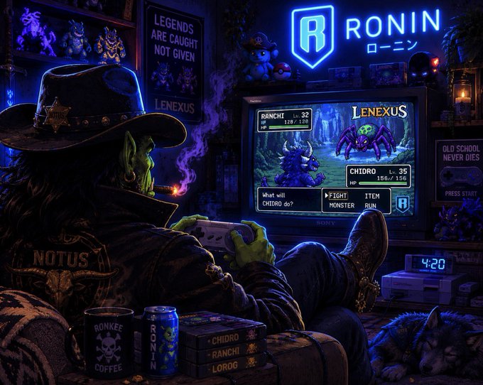 A cozy, neon-lit scene of a green-skinned orc character wearing a cowboy hat labeled 'NOTUS' playing a retro game called 'LENEXUS' on a CRT TV branded 'RONIN', with text 'LEGENDS ARE NOT CAUGHT, THEY ARE GIVEN' and 'OLD SKOOL NEVER DIES' visible on the wall.