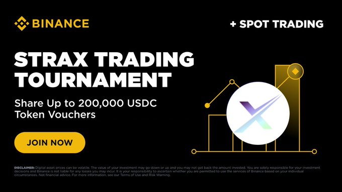 The image shows a poster for a cryptocurrency event called "STRAX Trading Tournament". It features an illustration of a white circle with gold lines representing a stock chart. On the poster, there's text that provides information about the event, such as the "STRAX Trading Tournament" and how to join by using the provided button at the bottom left corner. Additionally, it mentions a possible reward pool of 200,000 USDC for winning the tournament, with various benefits described including access to an exclusive trading strategy, a chance to trade on STRAX, and opportunities for users to earn more than 10,000 USDC if they manage their trading well.