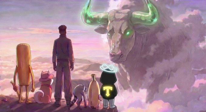 A group of characters, including a dog with "T" on its shirt and a ghostly bull with glowing green horns, gaze upon a massive ethereal bull rising from the clouds, symbolizing the bullish market sentiment for the cryptocurrency $ANSEM.