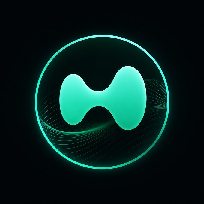 A glowing teal circular logo featuring a stylized three-dimensional bowtie or butterfly-like shape set against a dark background with flowing line accents.