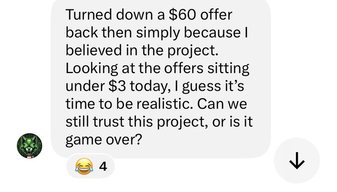 A Telegram message reads: "Turned down a $60 offer back then simply because I believed in the project. Looking at the offers sitting under $3 today, I guess it's time to be realistic. Can we still trust this project, or is it game over?" with 4 laughing reactions. The image illustrates the post's lesson about not taking profits, showing a holder who passed on selling at $60 only to watch the price crash to under $3.
