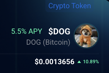 A crypto token dashboard shows $DOG (DOG Bitcoin) priced at $0.0013656, up 10.89%, with a 5.5% APY offer. The image's bullish price action and upward trend align with the post's enthusiastic "to the moon" sentiment about $DOG's strong performance.