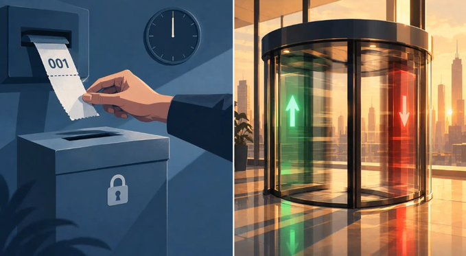 A split illustration showing a hand inserting a ballot ('001') into a locked voting box with a clock on the left, and a revolving door displaying green up and red down arrows against a city skyline on the right.