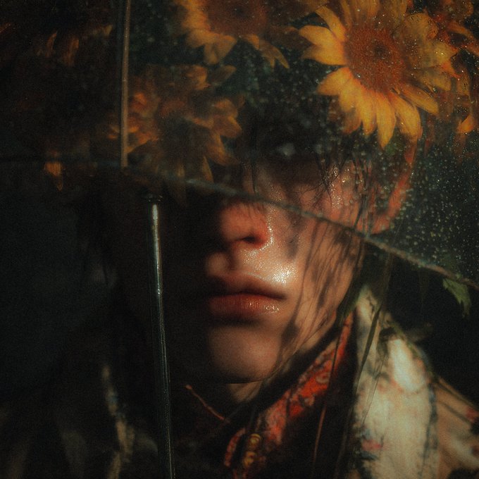 A moody, atmospheric portrait of a person with flowers visible behind a wet, rain-streaked glass surface.