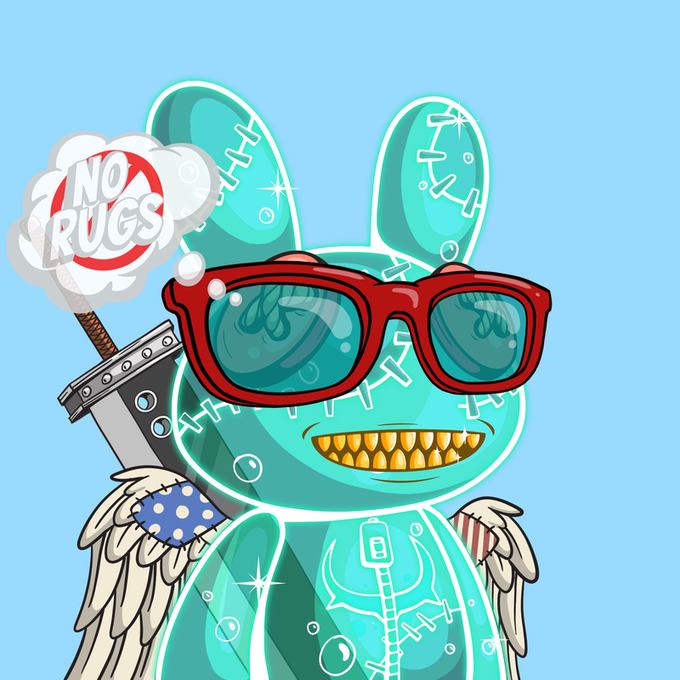 The image features a cartoon rabbit wearing red glasses and sunglasses with wings, giving him an angelic appearance. The rabbit is standing against a blue background, which contrasts nicely with his vibrant attire. In the top left corner of the image, there's a "No Rugs" sign written in white letters, indicating that this doll or character does not accept any rugs as payment for its collectible items.

The post also mentions that collectors can join Dollz on Saturday to participate in a special event and be part of a community dedicated to collecting unique dolls like the one depicted in the image.
