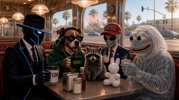 A diverse crew of quirky characters—including a neon-cyber figure in a fedora, a dog with headphones, a raccoon, an alien in a MAGA cap, and a ghost-like figure—gather at a sunny diner, where a coffee mug labeled "GM" and signs reading "DINER" and "MAKE ALIENS EAT AGAIN" tie into the post's upbeat "Good Morning X and GM CT" greeting and meme-token hype ($GOOD, $DOGGIE, $IF, $PEPONS, $MAGA, $JIMOTHY).