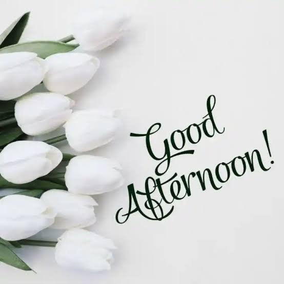 A 'Good Afternoon!' greeting in black script text accompanied by white tulips on the left side against a white background.