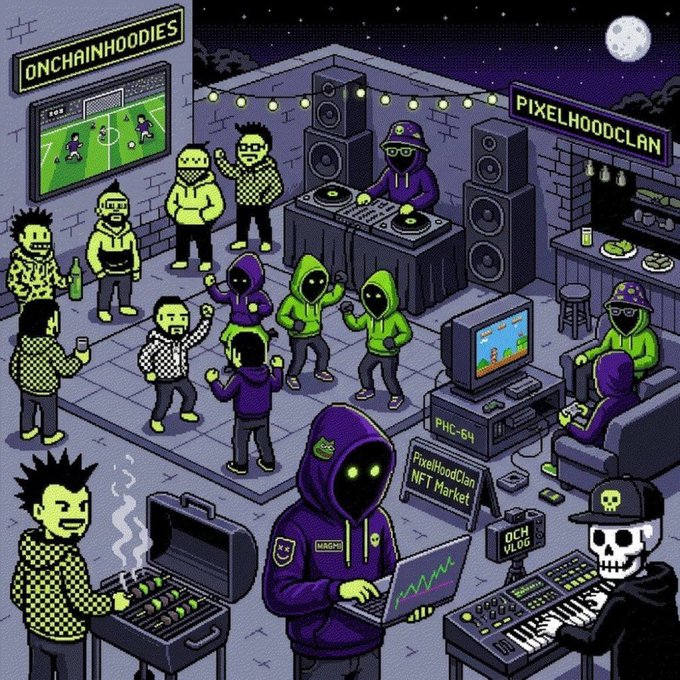 A pixel-art scene depicts a vibrant rooftop party with figures in purple and green hoodies mingling around a DJ booth, gaming setup, and barbecue, with signs reading "ONCHAINHOODIES" and "PIXELHOODCLAN," along with a "PixelHoodClan NFT Market" booth and a skeleton playing a keyboard. The artwork celebrates the collaboration between the OnchainHoodies and PixelHoodClan NFT collections, which was airdropped to 111 random holders of both communities as a special GM gift.