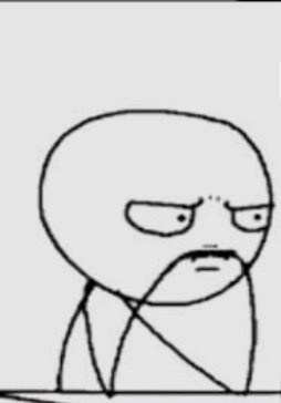 A simple black-and-white line drawing of a cartoon character with a flat oval head, cross-eyed expression, and arms crossed, conveying frustration or disapproval.