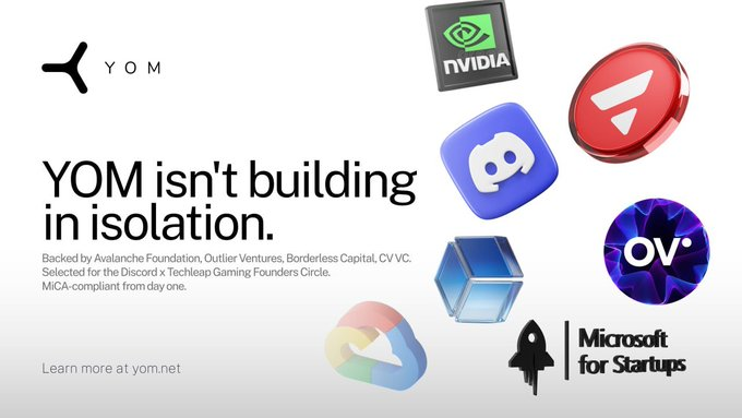Promotional image for YOM reading 'YOM isn't building in isolation,' backed by Avalanche Foundation, Outlier Ventures, Borderless Capital, CV VC, Microsoft for Startups, and NVIDIA logos.