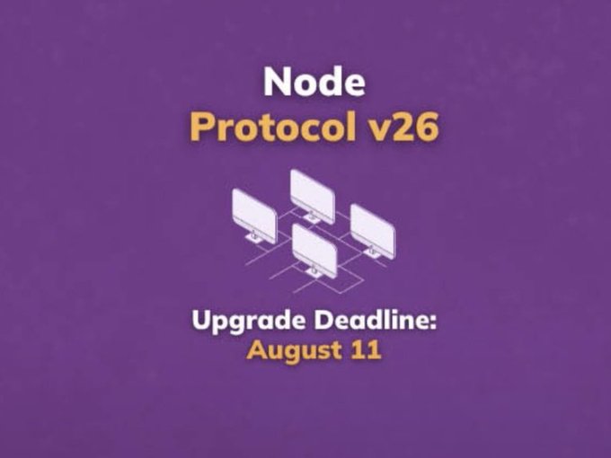 The image displays a purple announcement graphic for the Pi Network's "Node Protocol v26" upgrade, featuring an illustration of four interconnected computer monitors representing the network's nodes, with an upgrade deadline of August 11 highlighted in orange. The graphic complements the post by visually promoting the protocol update that enhances smart contract safety, state management, interoperability, and cryptography ahead of the final Protocol v27 upgrade.