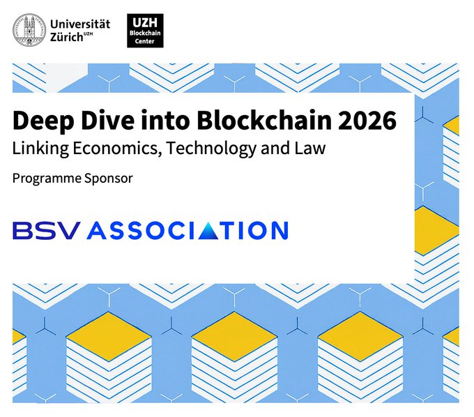 The image features a poster for an event called "Deep Dive into Blockchain" that took place at the University of Zurich's Blockchain Center. The poster displays a blue and yellow patterned design, with the text "BSV Association" written on it in white letters. The event was sponsored by the @UZH_ch association, as indicated by the text "@UZH_ch".