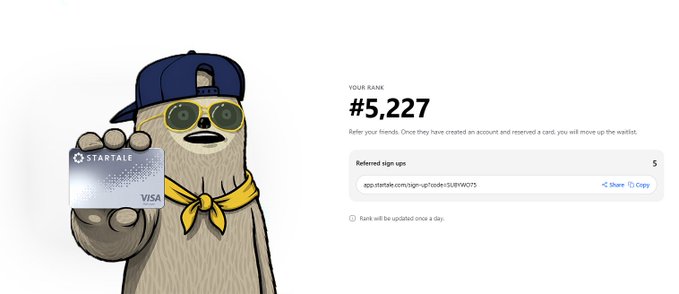 Screenshot of a referral page showing a sloth mascot holding a Startale Visa card, with a user rank of #5,227 and a referral link for signing up new users.