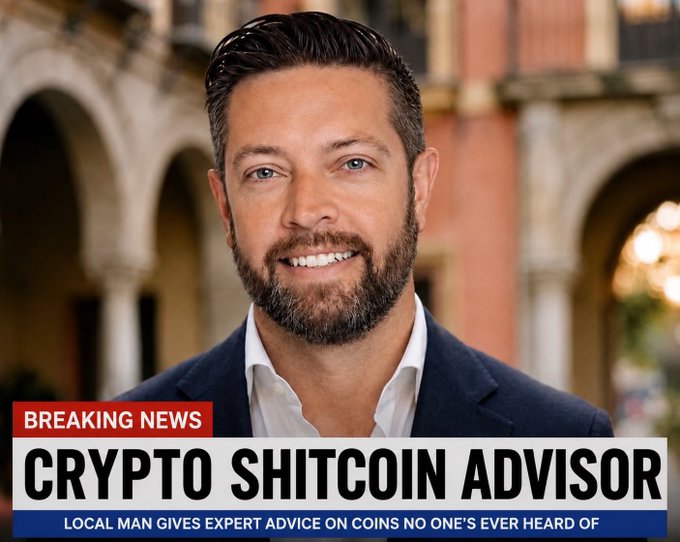A news graphic showing a smiling bearded man in a suit with the headline 'CRYPTO SHITCOIN ADVISOR' and subtitle 'LOCAL MAN GIVES EXPERT ADVICE ON COINS NO ONE'S EVER HEARD OF'.