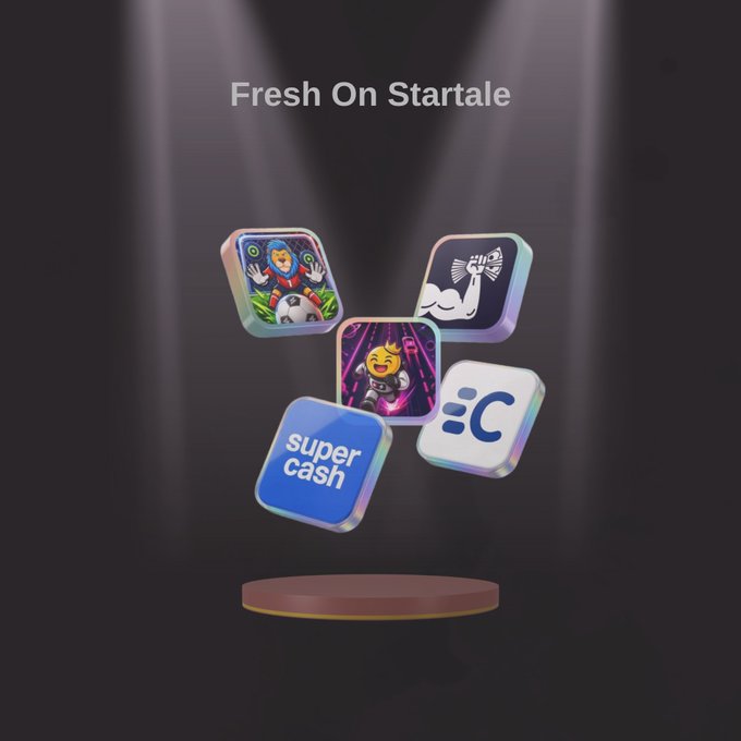 A promotional graphic titled 'Fresh On Startale' showcasing four floating app icons including 'super cash', a soccer-themed app, a muscular arm icon, and an 'EC' icon, hovering above a podium under spotlights.