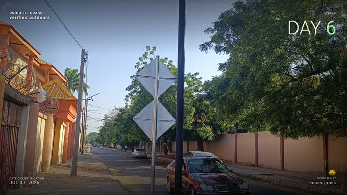 A street scene photograph labeled 'DAY 6' with 'PROOF OF GRASS verified outdoors', 'DATE OF CERTIFICATION JUL 09, 2026', and 'CERTIFIED BY touch grass', showing a road with a maroon car, trees, and buildings.
