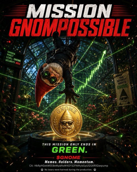 A meme-style poster titled "MISSION GNOMPOSSIBLE" showing a gnome hanging upside down amid green laser security beams above a golden "GNOME" coin, with text reading "THIS MISSION ONLY ENDS IN GREEN." and "$GNOME".