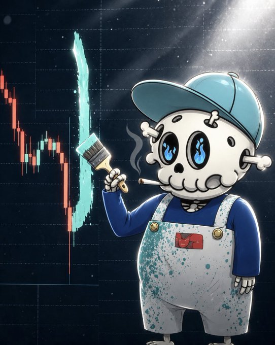 A digital illustration of a cartoon skeleton character wearing a blue cap and overalls, holding a paintbrush, with a candlestick chart visible in the background.